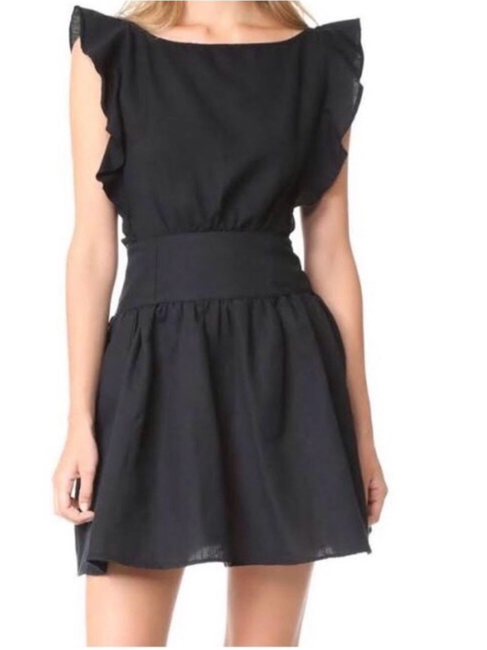 Free People Black Ruffle Sleeve Waist-Detail Mini Dress